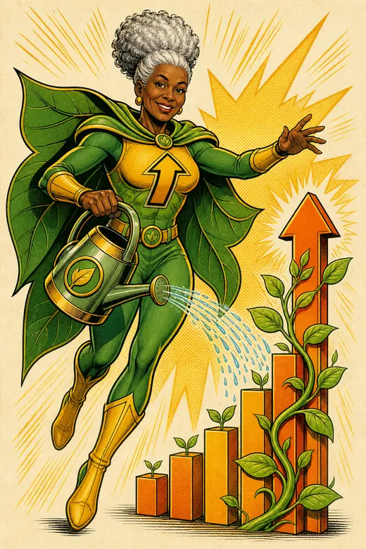 The Grower character tending a plant shaped like a growth chart