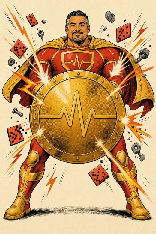 The Maintainer character holding a shield with a pulse line