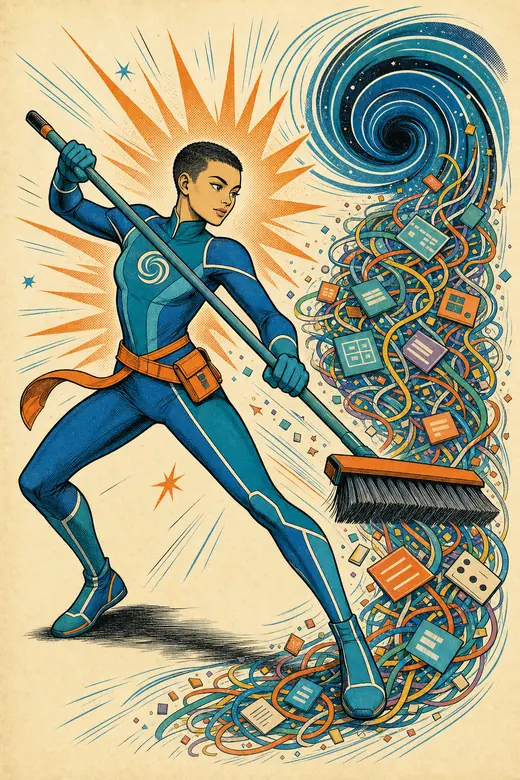 The Sweeper character clearing tangled clutter